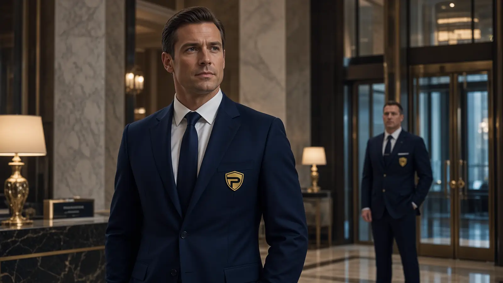A uniformed security officer in a hotel lobby