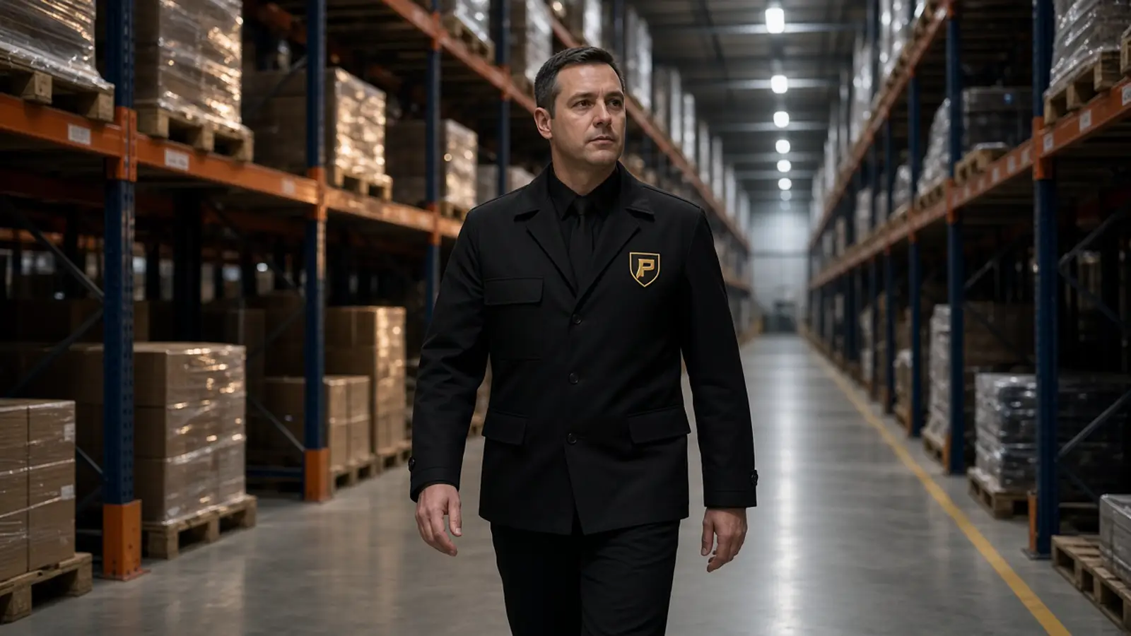 A security officer patrolling a warehouse aisle between pallet racking